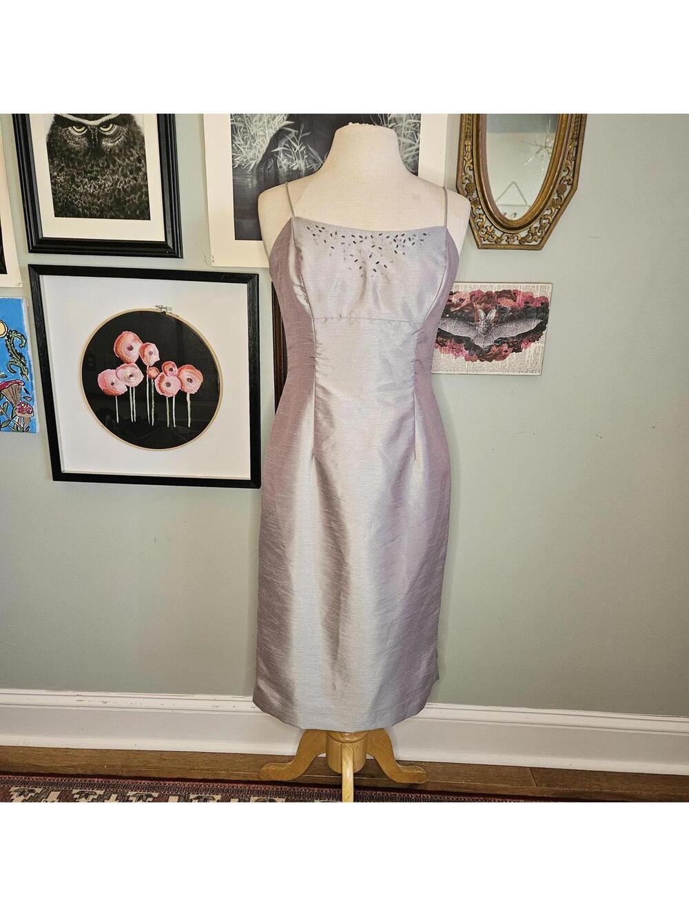 90s Patra silver sage green satin midi dress with beaded neckline